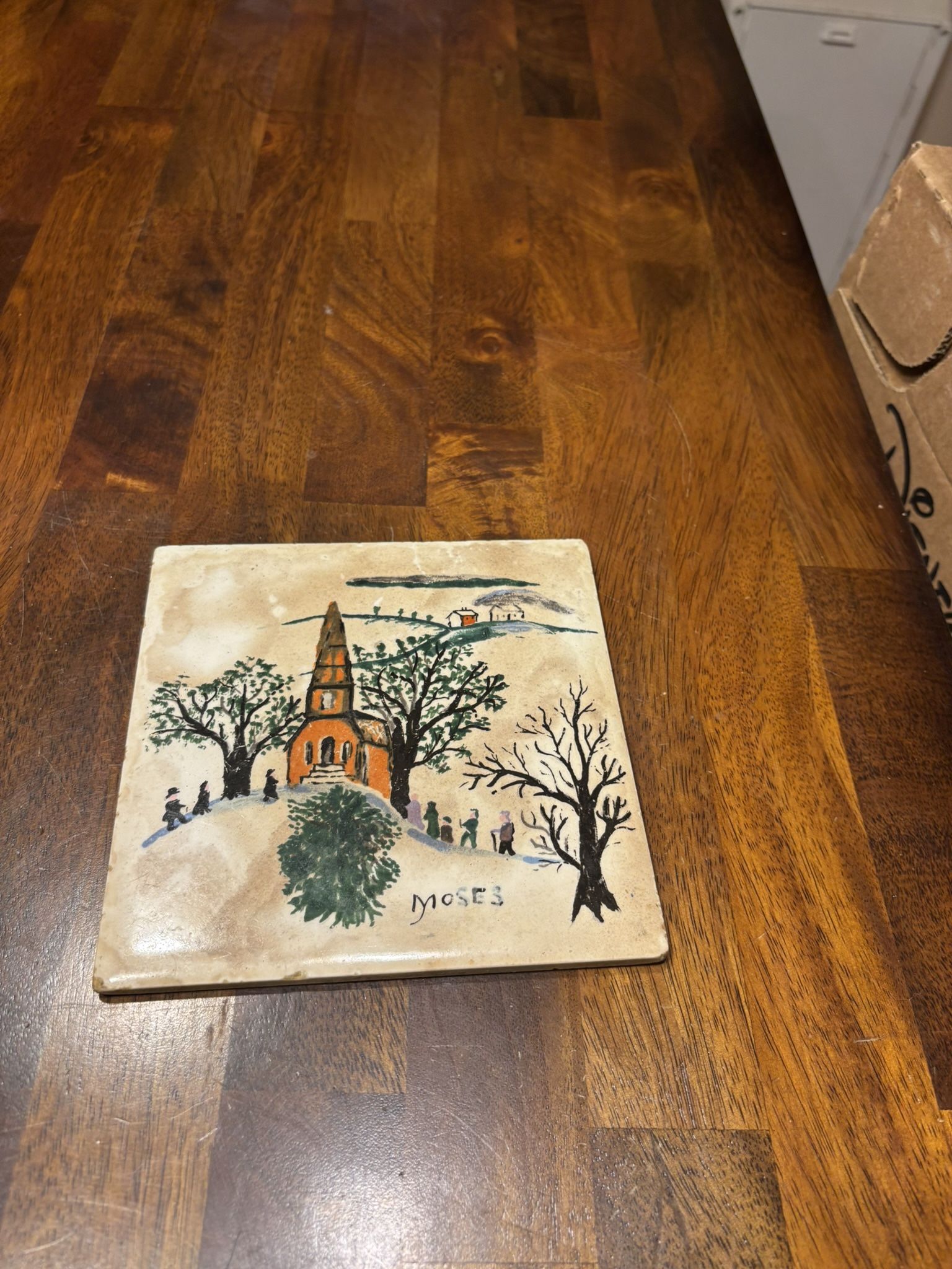 Vintage Folk Art Grandma Moses Ceramic Tile "Church Goers"