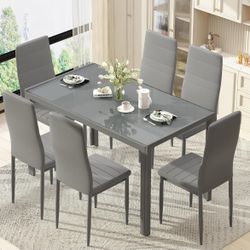 Glass Table and PU Leather Chairs Modern Dining Room Sets for Small Space, Grey