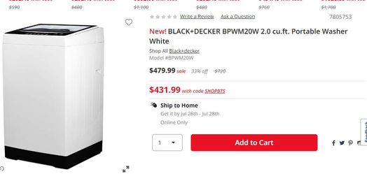 BLACK+DECKER BPWM20W 2.0 cu. ft. Portable Washing Machine, White 