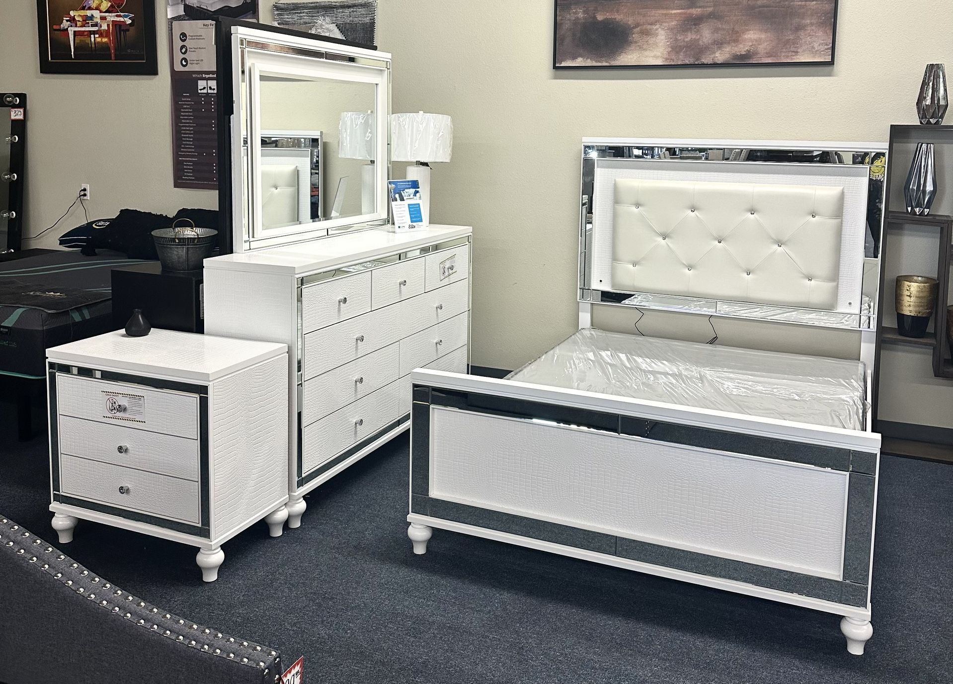 White Queen Bedroom Set ( Bed Frame, Dresser, Mirror And One Nightstand)