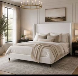 King Bed Frame Queen Size Tall Wingback Headboard Upholstered, White
Linen Tufted platform bed,Modern Style,Solid Wood Legs,Easy Assembly 30mins,No Bo