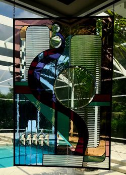 36" X 24" Custom Abstract Geometric Stained Glass Hanging Window Panel