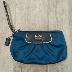Coach Blue & Gold Satin & Leather Amanda Clutch Wristlet Handbag Purse