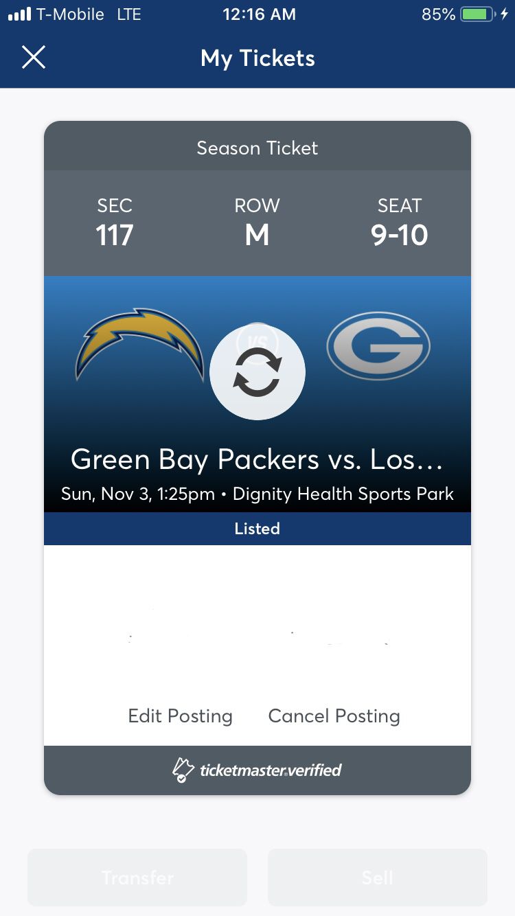 Green Bay Packers vs Chargers Sunday 11/3 - $350 each obo