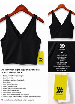 All In Motion Women’s XL Black Light Support V-Neck Wireless Mesh Sports Bra NWT