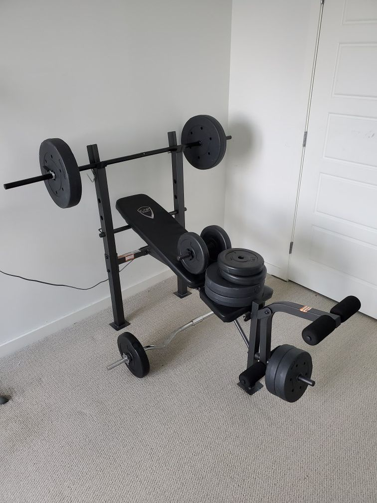 Home gym, weights, curl bar, adjustable bench, exercise equipment