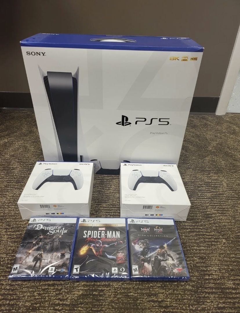 Sony PlayStation 5 PS5 Console Disc Version 3 Games + 2 Controller Bundle.