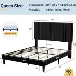 Queen Platform Bed Frame with Adjustable Headboard, Plush Velvet Upholstered, Vertical Channel Tufted, Sturdy Wooden Slats, No Box Spring Needed, Easy