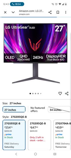 LG ‎27GS93QE 27-inch Ultragear OLED Gaming Monitor QHD 1440p 240Hz 0.03ms DisplayHDR True Black 400 AMD FreeSync Premium Pro NVIDIA G-Sync HDMI 2.1 Di