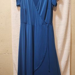Ashley Stewart Short Sleeve Royal Blue Summer Dress V-neck Wrap Around Split High Low Size 12 Excellent Condition