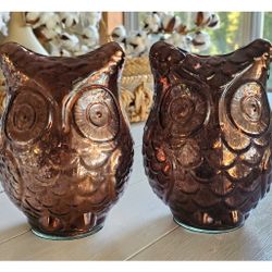 2 Glass Owls Brown Bronze Metallic Owl Decor Pieces 