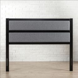 Pair of Zinus Modern Studio upholstered metal headboards ($60 each), new in box. Gray color with two horizontal padded panels and a black steel frame.