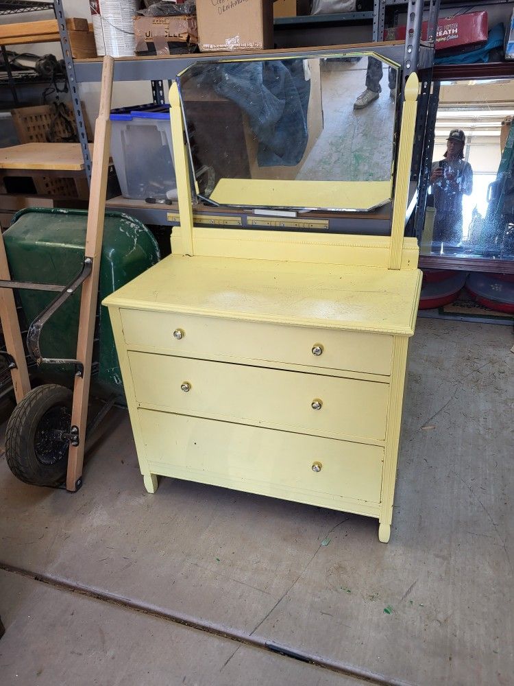 Yellow Antique Dresser And Mirror