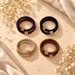 4 pairs Women’s Elastic Hair Ties with Rhinestone Metal Cuffs - Multicolor