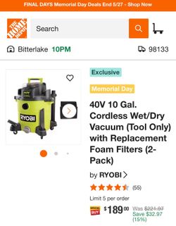 Ryobi 40V 10 gallon cordless wet/dry vacuum