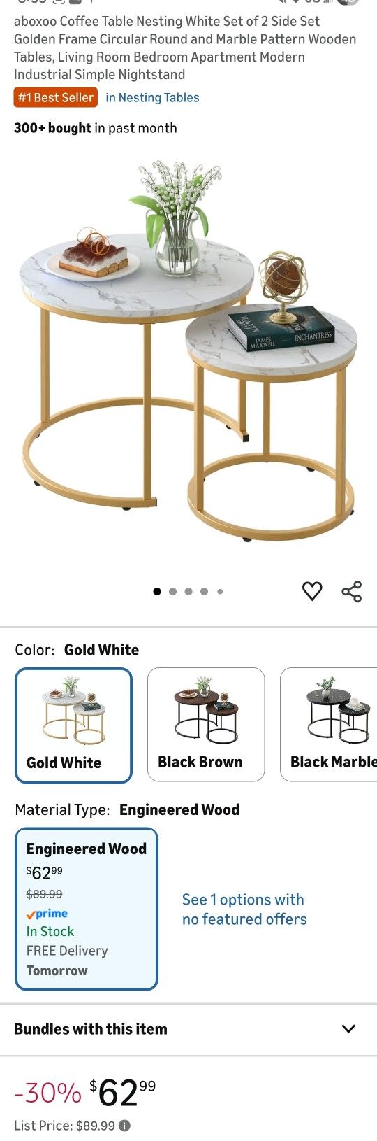 aboxoo Coffee Table Nesting White Set of 2 Side Set Golden Frame Circular Round and Marble Pattern Wooden Tables, Living Room Bedroom Apartment Modern
