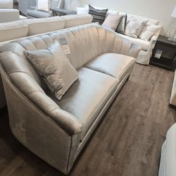 Ethan Allen Nathalie Sofa 88" Silver Velvet Hollywood Regency
