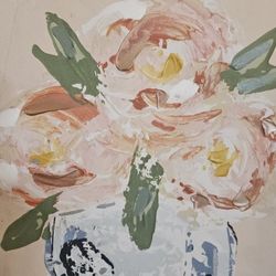 Hand Embellished Canvas Wood Frame Flowers In Vase New 16w 19