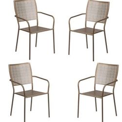 ( SET OF 4 ) Flash Furniture Commercial Grade Gold Steel Patio Arm Chair with Square Back 🪑NEW🪑