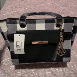 Mkf Black White Checkered Handbag Purse Crossbody 