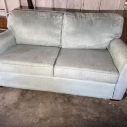 Modern Blue Suede Sleeper Sofa with Integrated Bed Delivery Available Upon Request