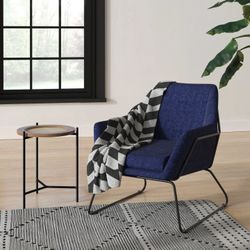 Feather Asher Accent Chair – Navy Upholstery, Black Metal Frame, 28” Wide, Mid-Century Modern Style
