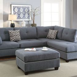 Brand New Blue Grey  3pc Reversible Sectional Sofa With Ottoman 