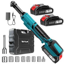 V Cordless Electric Extended 38in Power Ratchet Wrench Set 60 Ft-lbs with Sockets Blue