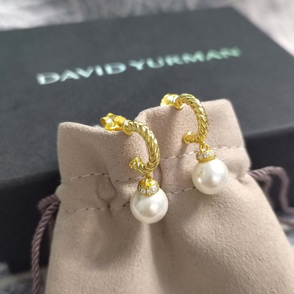 David Yurman Hoop Drop Earrings in 18K Yellow Gold with Pearls and Pavé Diamonds
