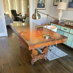 Large Antique Solid Wood Desk  w / Glass Top. Carved Legs. Heavyweight. Price OBO. PPU Blythewood