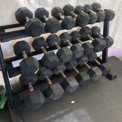 Rubber Hex Dumbbell Set With Rack 