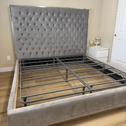 King Size Upholstered Bed Frame with Tall Tufted Headboard – Gray Velvet, Metal Slat Support