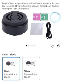 Respicefinem Magnet Phone Holder Electric Magnetic Suction Car Mount 360 Degree Rotating Vacuum Adsorption 3 Section Folding for Desk Silver (Black) W