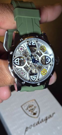 Poedagar Automatic Skeleton Watch Green Strap
