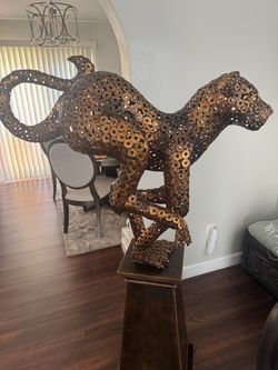 Large Metal Cheetah Sculpture on Pedestal