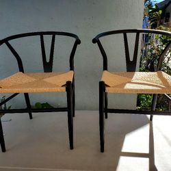 Weave Dining Chairs Set of 2 Mid-Century Modern Dining Room Chairs with Weave Hemp Seat and Metal Legs for Kitchen, Living Room, Restaurant, Black
