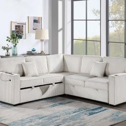 Sectional Convertible Bed L Shape Beige Corduroy Fabric, New Especial Price