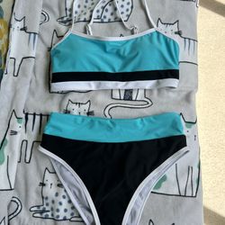 NEW! Women's (Small) Color Block Bikini Set, High Waisted, Criss Cross Back