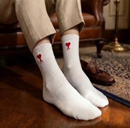 Ami Paris Quiet Luxury Socks, 3 Pairs, Size Medium, Black/Gray/Beige, $150 Value