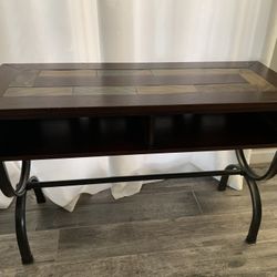 Console And Side Table, Metal Legs,  Inlaid Wood Top With Tile. 