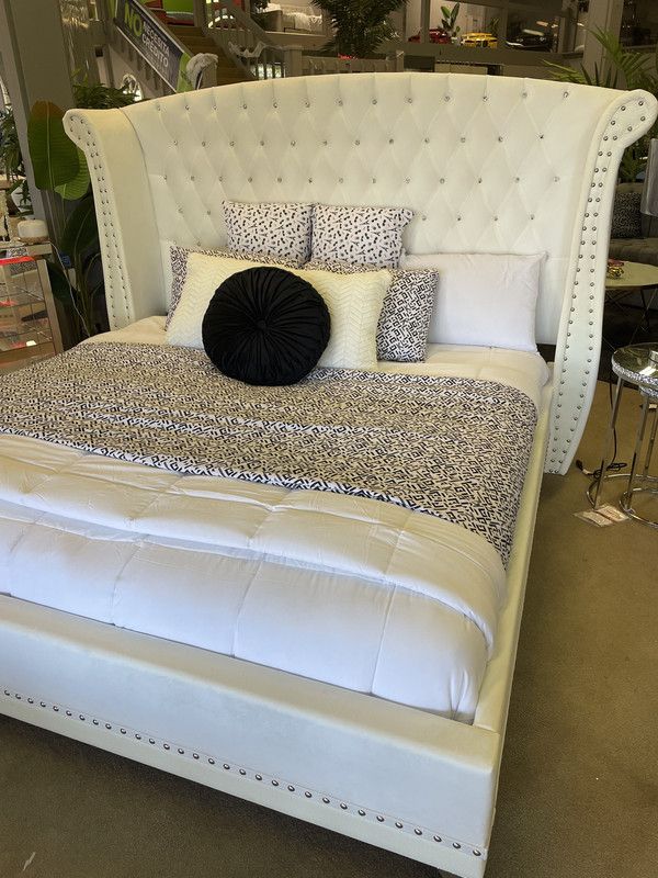 White Velvet Queen Bed w/ Extra Tall Upholstered HB