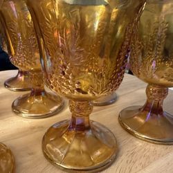 Breathtaking Set Of Vintage Iridescent Marigold Indiana Harvest Carnival Glass Goblets, Pitcher & Compote Bowl!! 