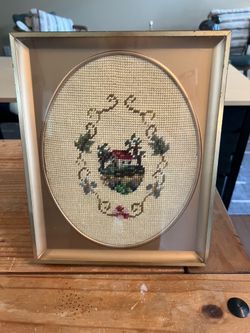 Vintage Framed Needlepoint Cottage Art gold frame