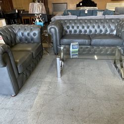 Traditional gray tufted faux leather sofa Love and chair