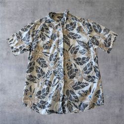 Tommy Bahama Men M Linen Shirt Short Sleeve Floral Leaf Tropical Camp Beach Blue