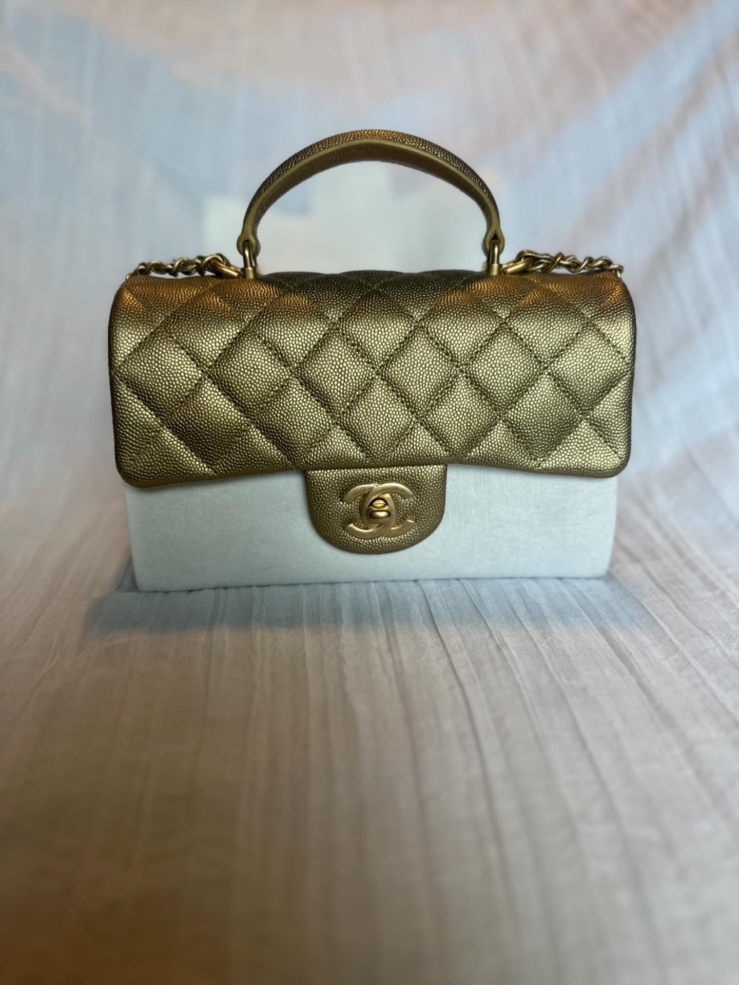 Brand New Chanel Caviar Mini Rectangle Top Handle In Gold 