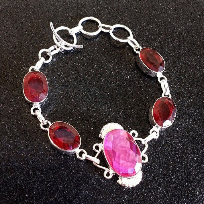 Sterling silver pink rainbow topaz and garnet 8" bracelet new