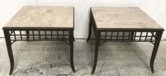 Set Of 4 1980s Blackened Metal and Stone Finish Tables 