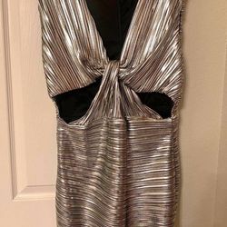 NEW Gabrielle Union Silver Metalic Illusion Dress Zip Back Lined Size L