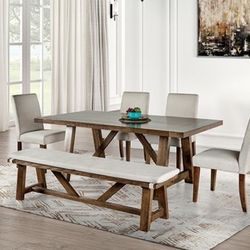 RUSTIC FARMHOUSE 6 PIECE DINING TABLE SET CHAIRS BENCH BROWN WARM FINISH WHITE FABRIC